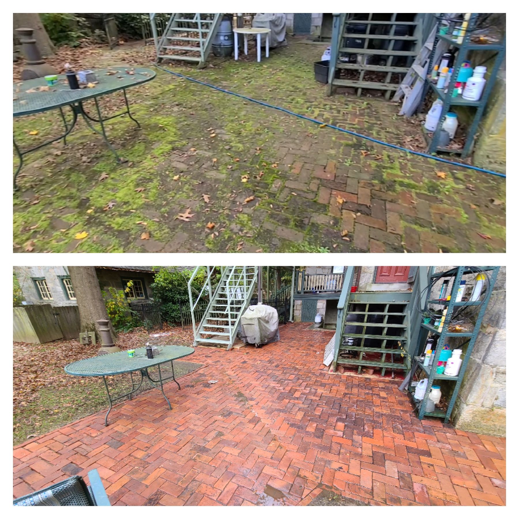 Brick patio before and after cleaning, with mossy green pavers on top and red bricks below.