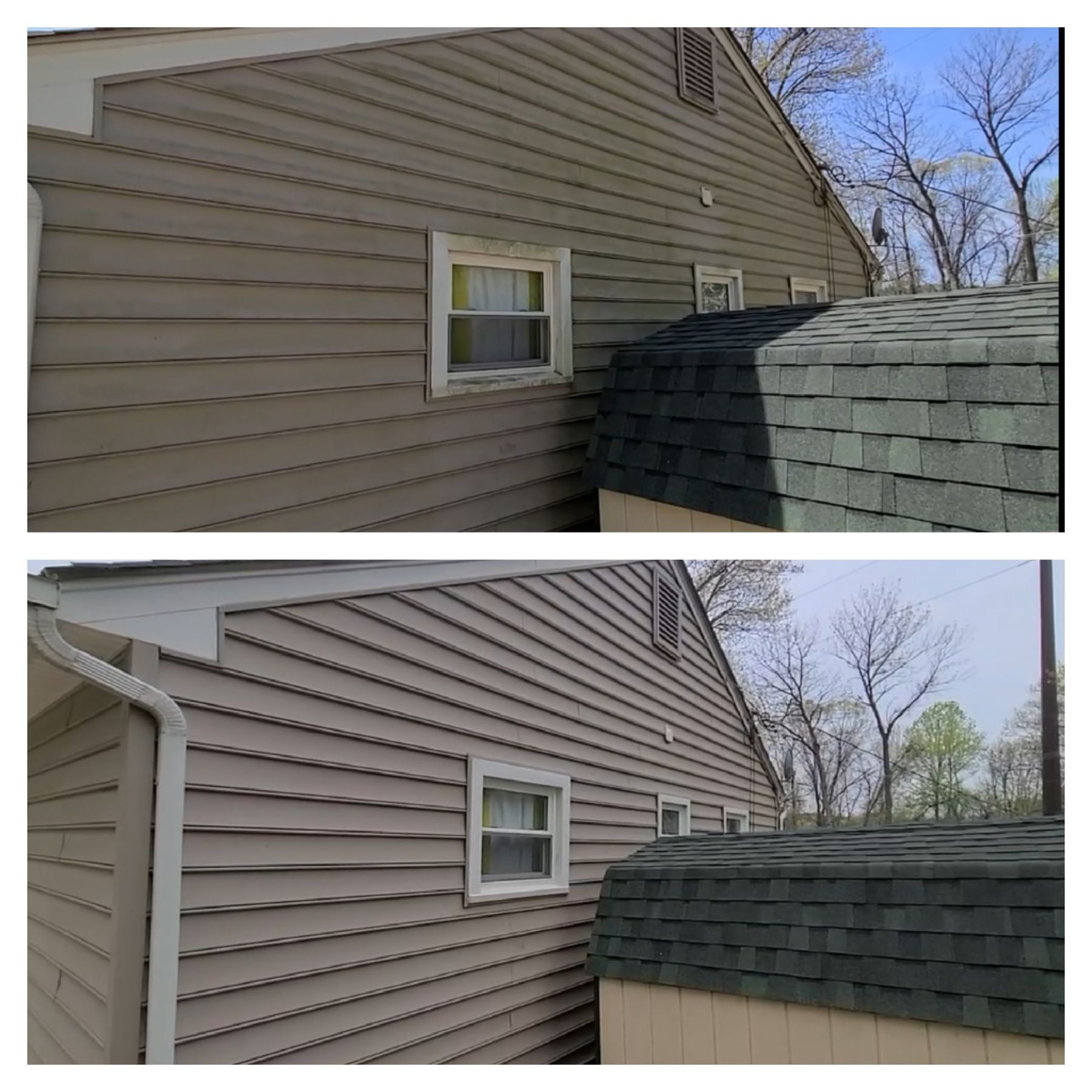 Before-and-after view of house siding and roof edge, showing a white window and gutter beside a shingled dormer.