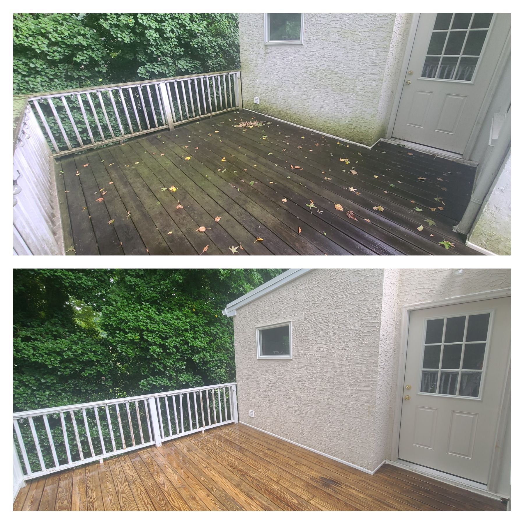 Before-and-after deck cleaning: weathered dark wood above, bright cleaned wooden deck below.