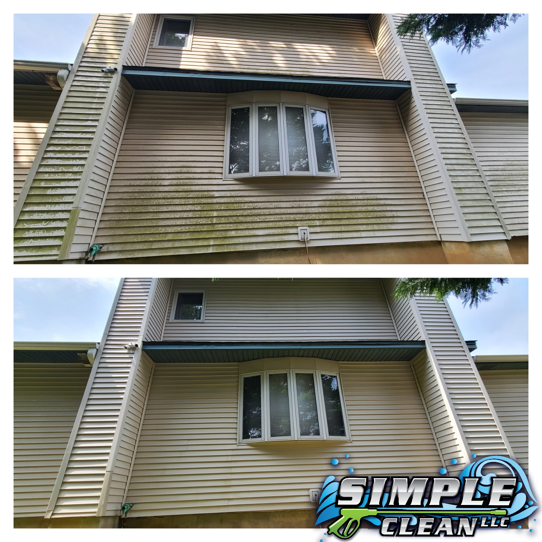 Before and after of a house's siding. Siding is cleaned, removing green algae growth.