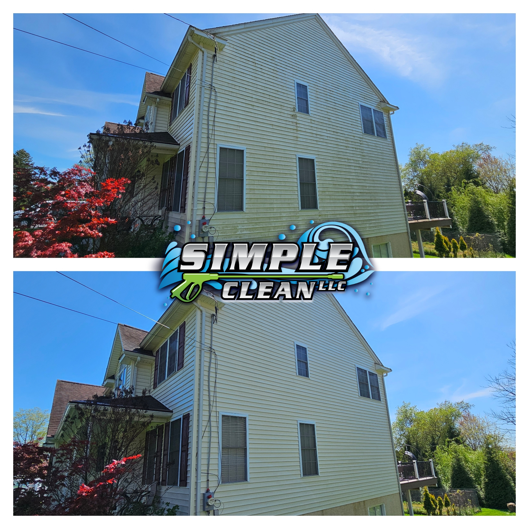 Two-story house exterior with blue sky, shown before and after cleaning with a Simple Clean logo overlay