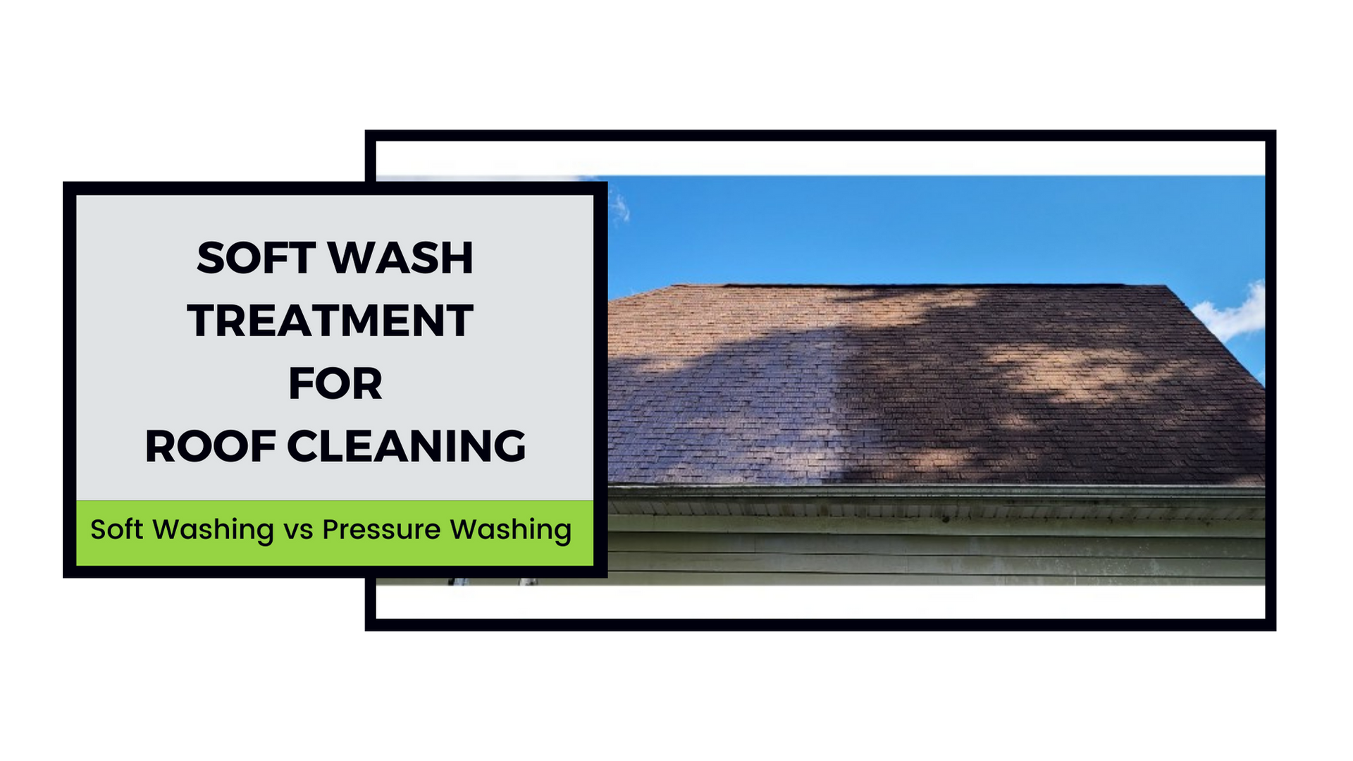 Roof cleaning comparison: soft wash side-by-side with dirty side. Grey text box: 