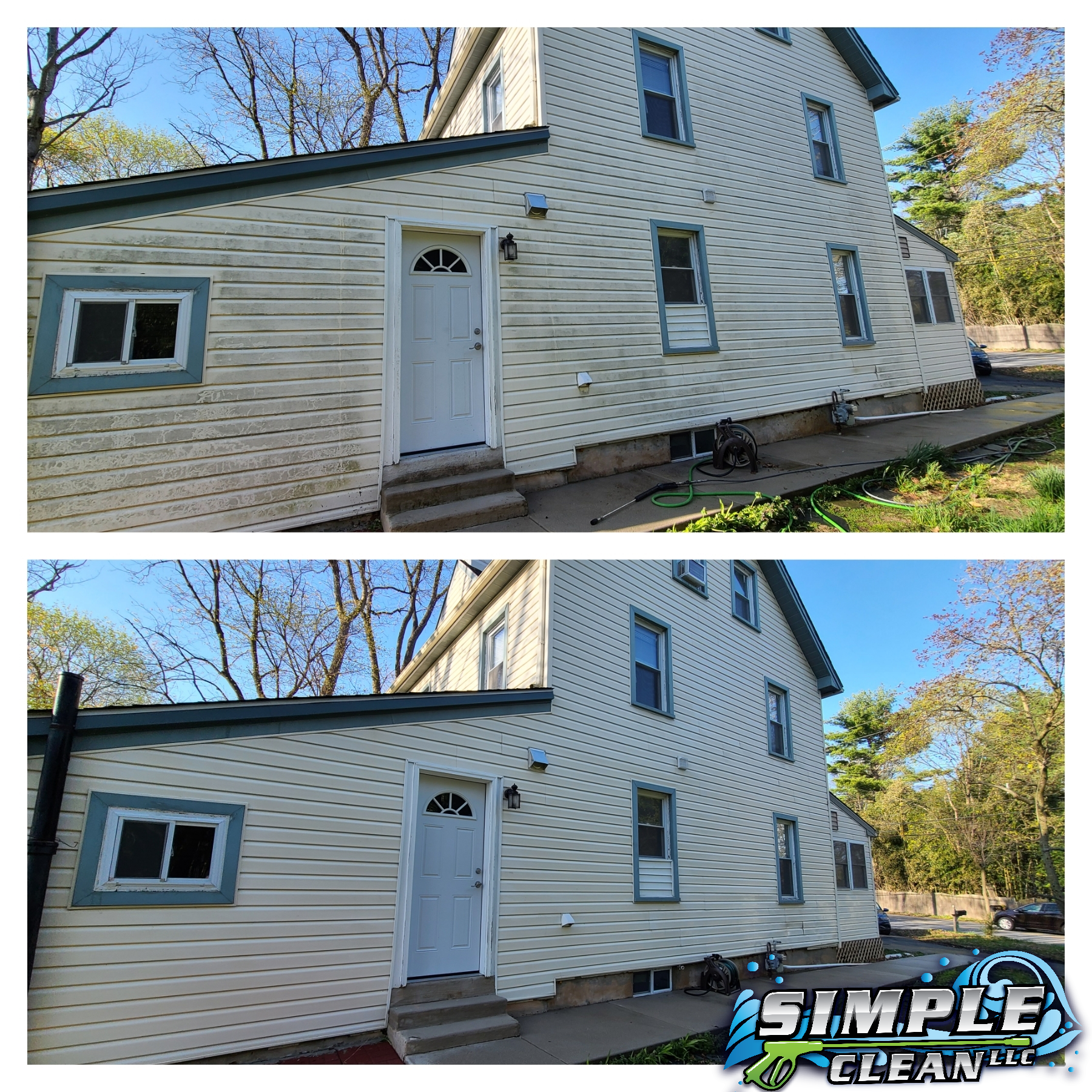 Before and after of a two-story house, beige siding cleaned by Simple Clean.