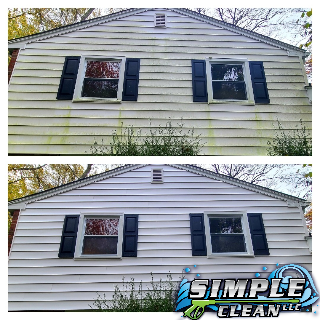 House exterior comparison: old yellow siding above, cleaned white siding below with black shutters.