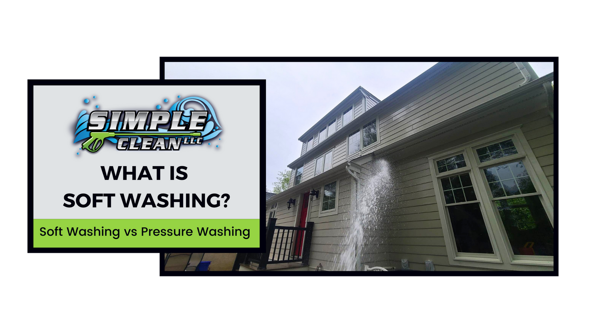 Logo and house being soft washed; water spraying, green and blue logo.
