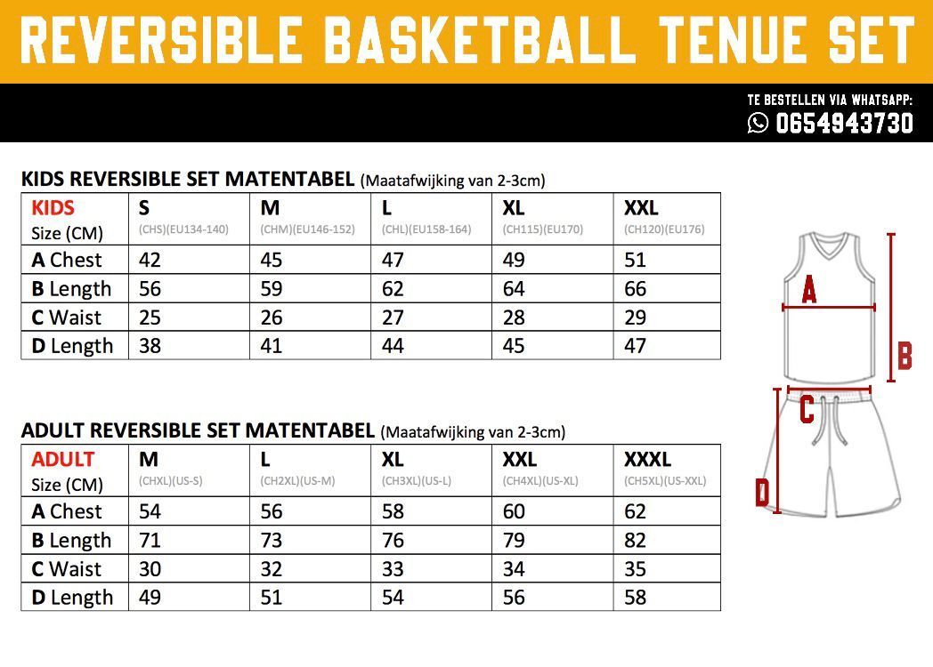 Omkeerbare maattabel voor basketbaltenues met afmetingen van shirts en shorts voor kinderen en volwassenen