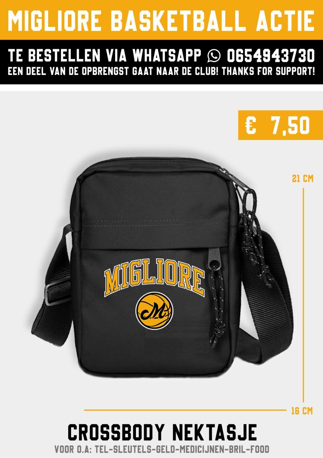 Zwarte crossbodytas in basketbalstijl met gouden 