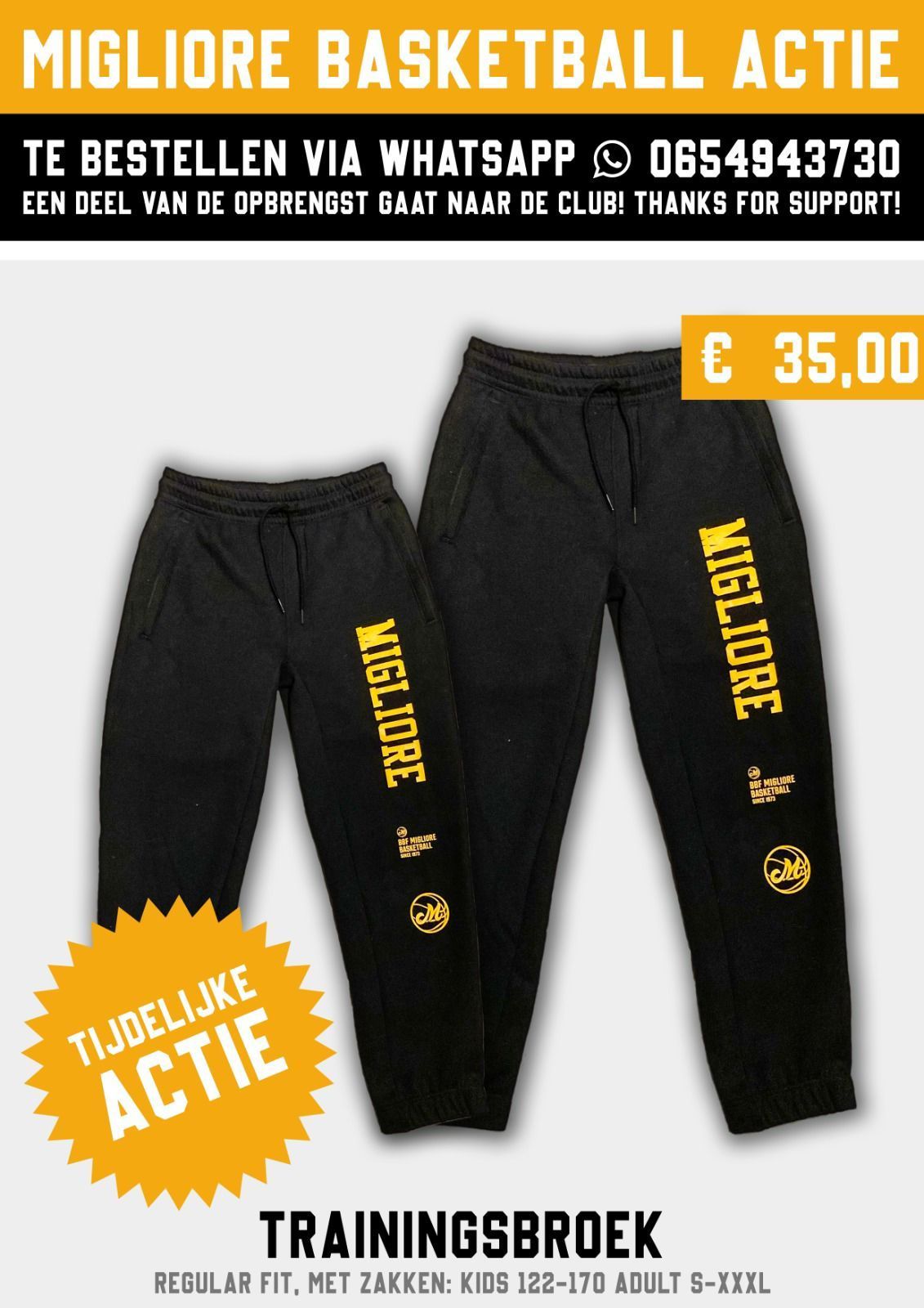 Zwarte joggingbroek met gele basketballogo's, aangeboden als trainingsbroek voor €35 via WhatsApp.