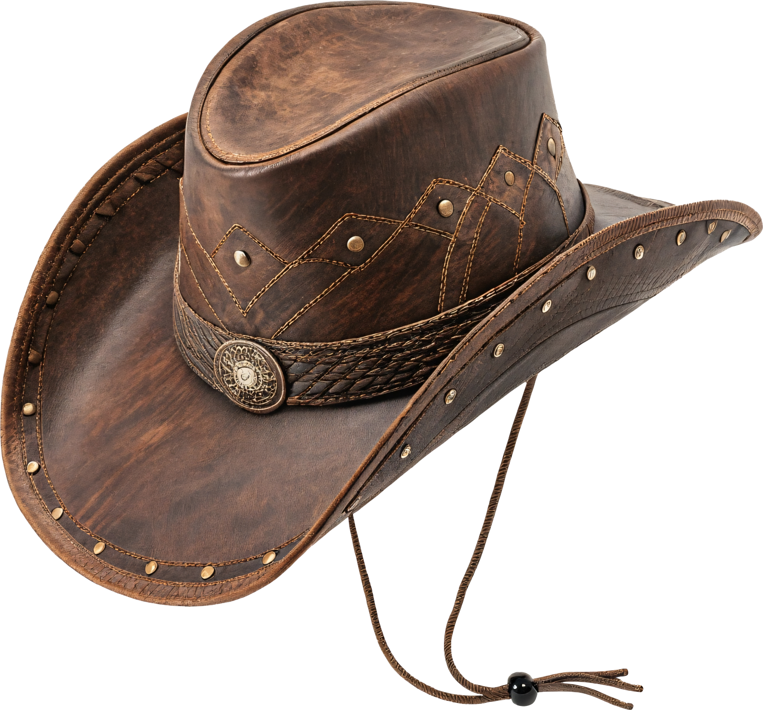 Brown leather cowboy hat with studded accents and chin strap.