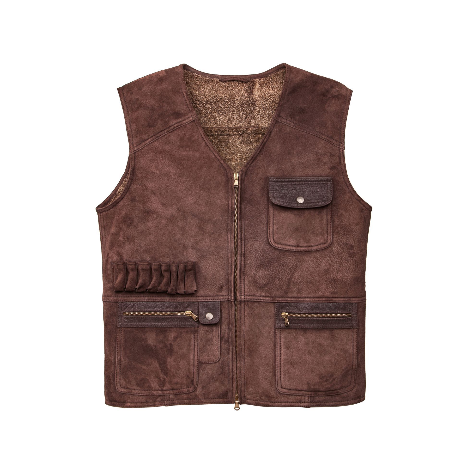 Brown suede vest with zip closure, pockets, and cartridge holders.
