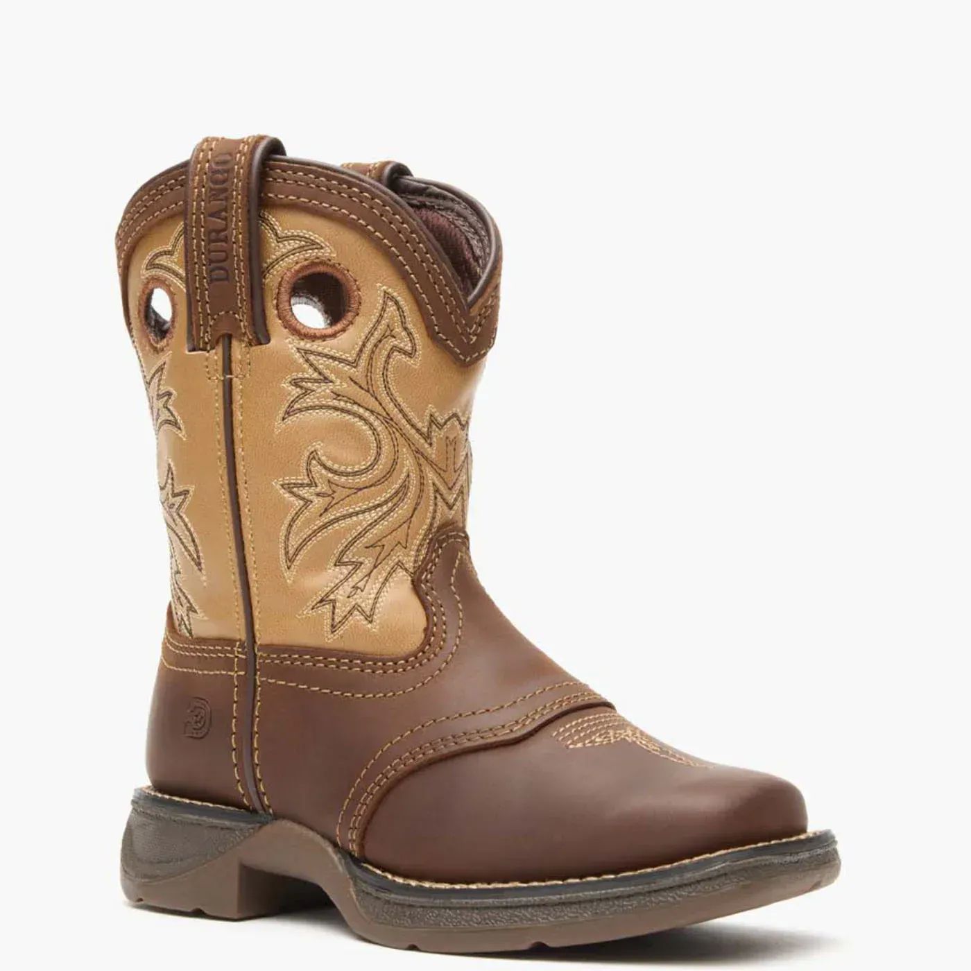 Brown and tan children's cowboy boot with decorative stitching.