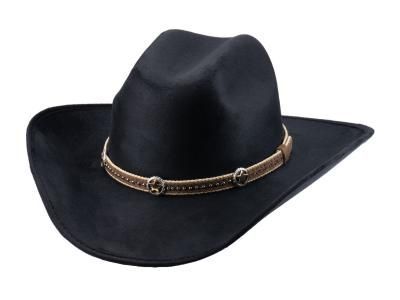 Brown cowboy hat with black decorative stitching.