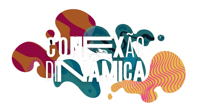 Logotipo estilizado com texto e manchas abstratas coloridas sobre fundo branco.