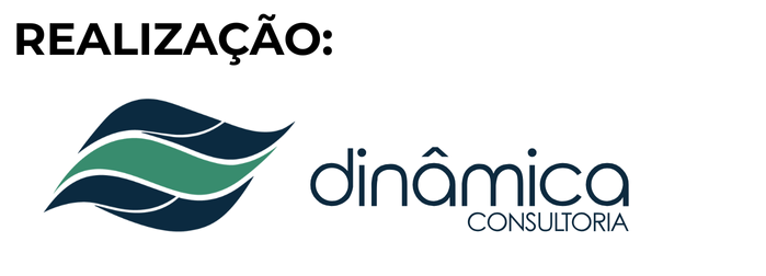 Logo “dinâmica consultoria” com ícone abstrato em tons de azul e verde e texto “REALIZAÇÃO:”