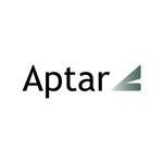 Logotipo da Aptar em texto preto com uma marca triangular estilizada em verde.