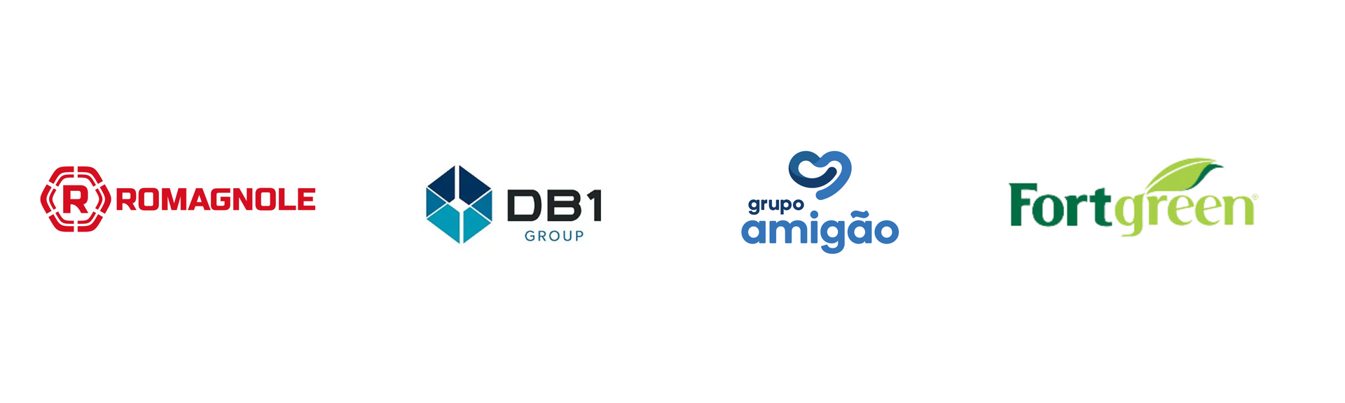 Fileira com os logotipos da Romagnole, DB1, Amigão e Fortgreen em fundo branco.