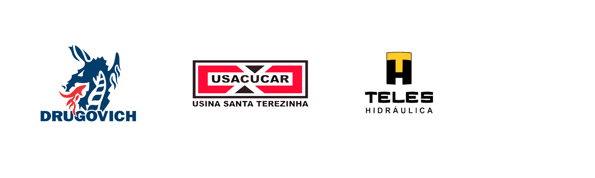 Três logotipos de empresas em um fundo branco, incluindo Drugovich, Draclean e Teles.