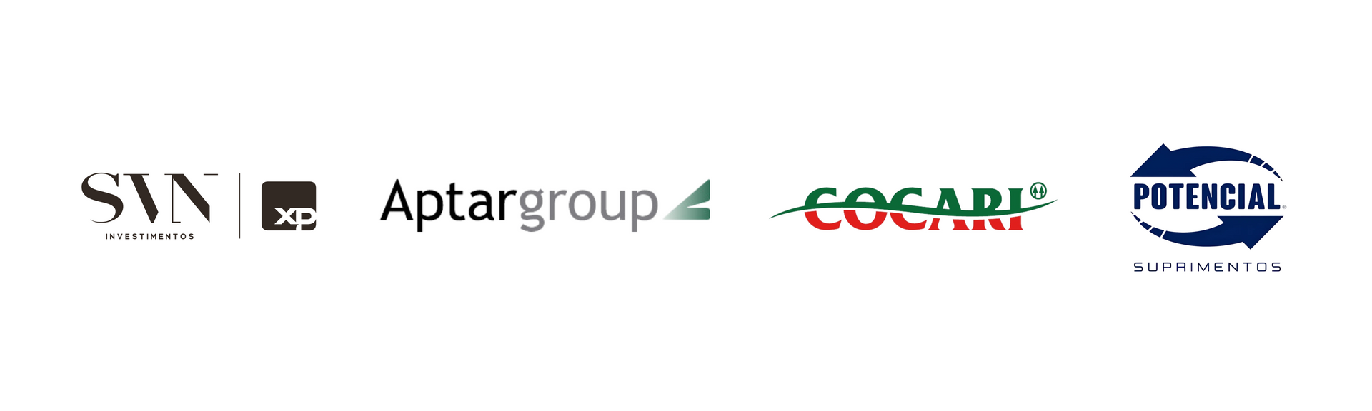 Faixa com seis logotipos de empresas, incluindo Aptargroup, COCARIL e Potencial, sobre um fundo branco.