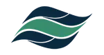 Logotipo abstrato em forma de onda nas cores azul-marinho, verde-água e verde sobre fundo branco.