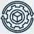 Emblema tecnológico circular em preto e branco com centro hexagonal e anel externo em forma de engrenagem.