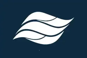 Logotipo abstrato ondulado branco sobre fundo azul escuro
