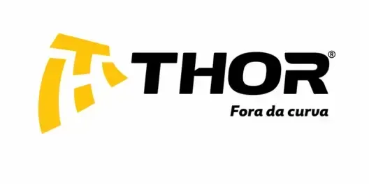 Logotipo da THOR em amarelo e preto com o slogan “Fora da curva”