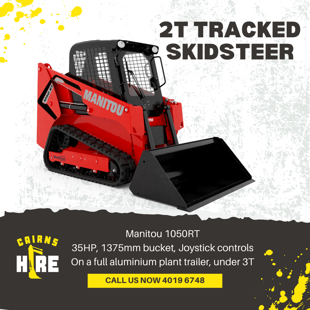 A red skid steer with a black bucket on a white background.