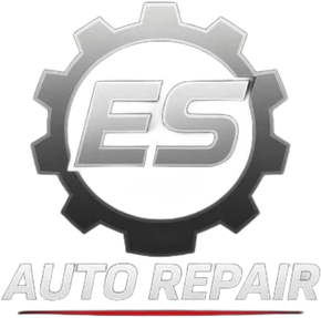 ES Auto Repair logo with a silver gear and metallic lettering on a white background