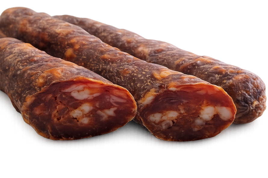 Tre bastoncini di salsiccia stagionata, uno dei quali tagliato a metà per mostrare l'interno marmorizzato.