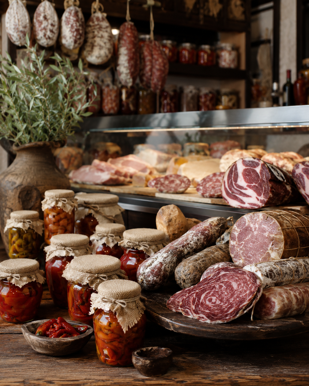 Esposizione di salumi e insaccati assortiti in una gastronomia, con salame affettato e vasetti di conserve.