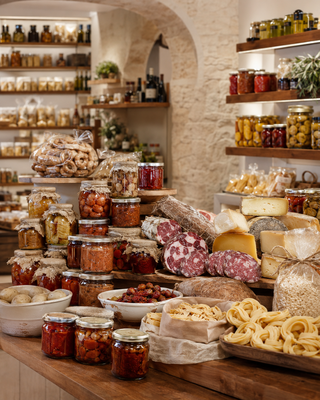 Scaffali e tavoli pieni di barattoli, formaggi, prodotti da forno e conserve in una rustica gastronomia.