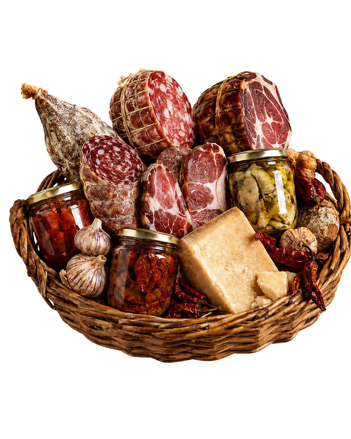 Tre bastoncini di salsiccia stagionata, uno dei quali tagliato a metà per mostrare l'interno marmorizzato.