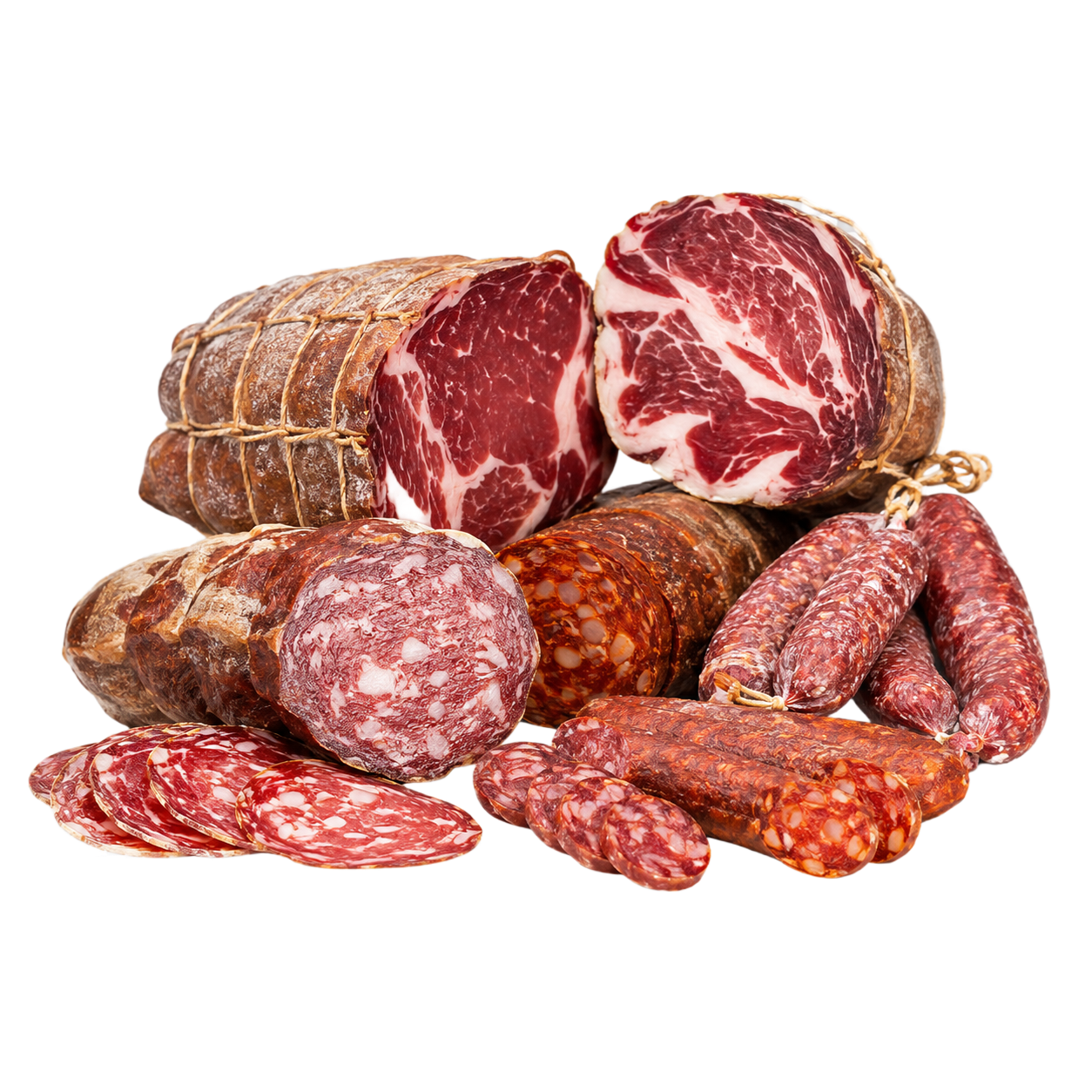 Tre bastoncini di salsiccia stagionata, uno dei quali tagliato a metà per mostrare l'interno marmorizzato.