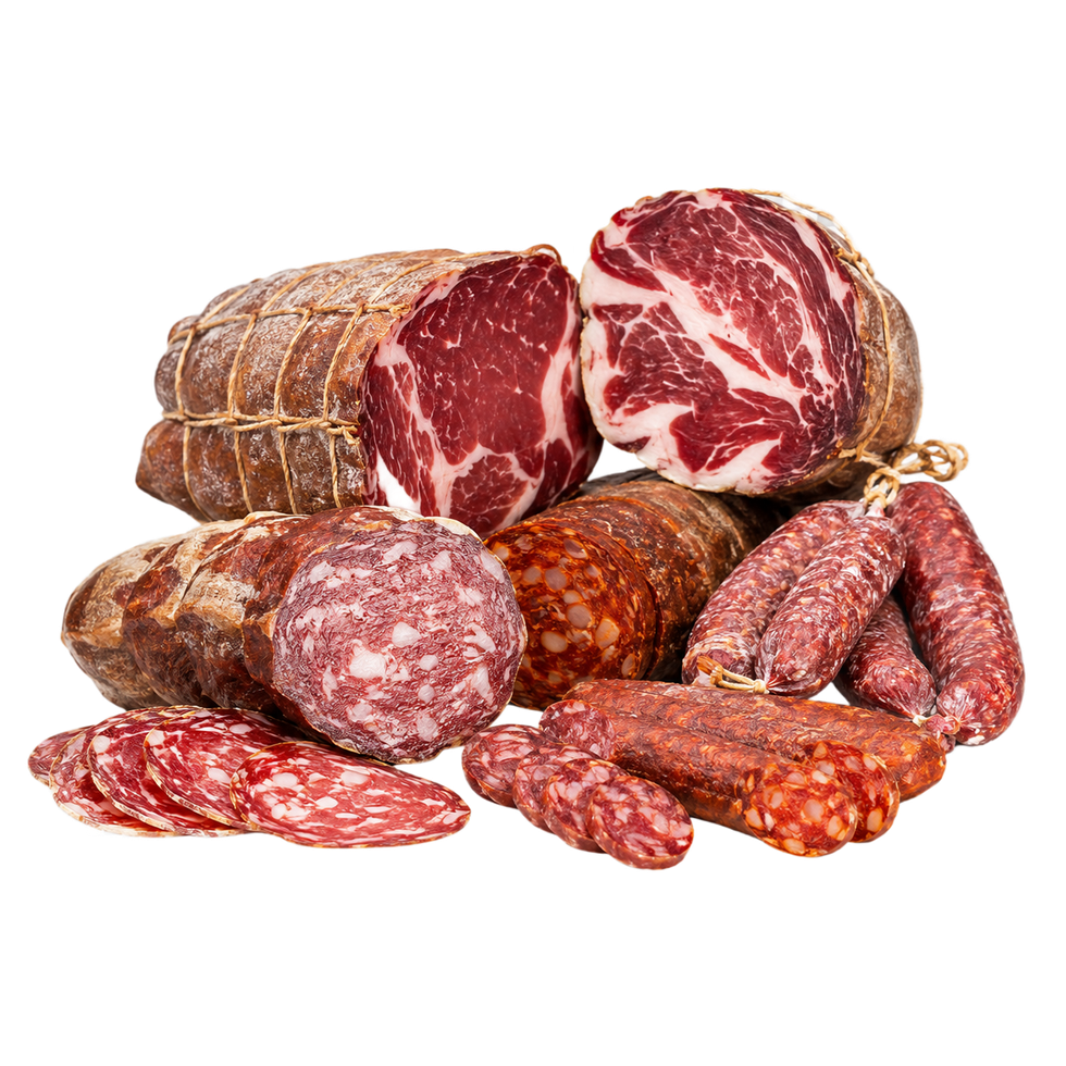Tre bastoncini di salsiccia stagionata, uno dei quali tagliato a metà per mostrare l'interno marmorizzato.