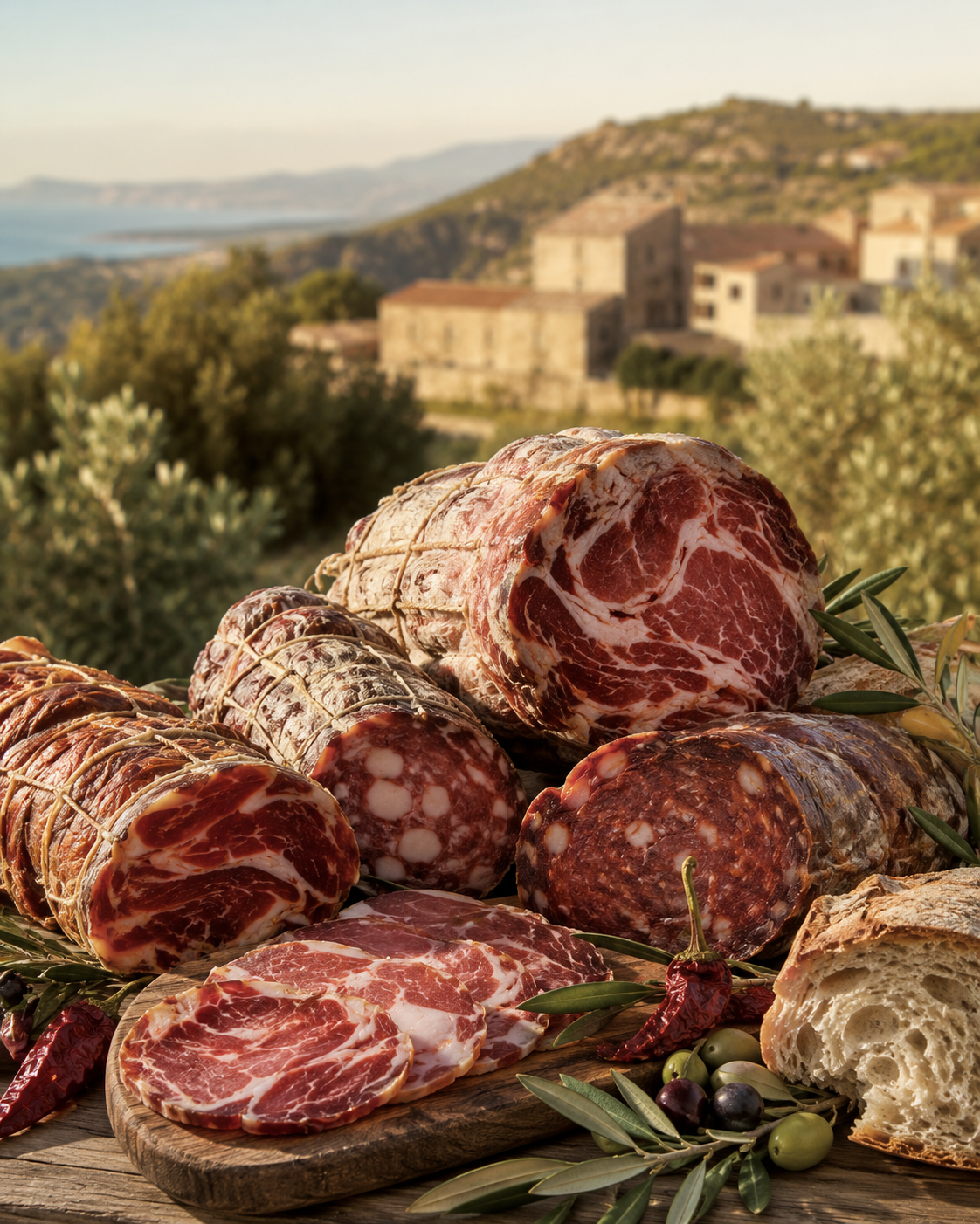 Un assortimento di salumi e affettati su un tagliere rustico con olive, allestito di fronte a una collina costiera illuminata dal sole.