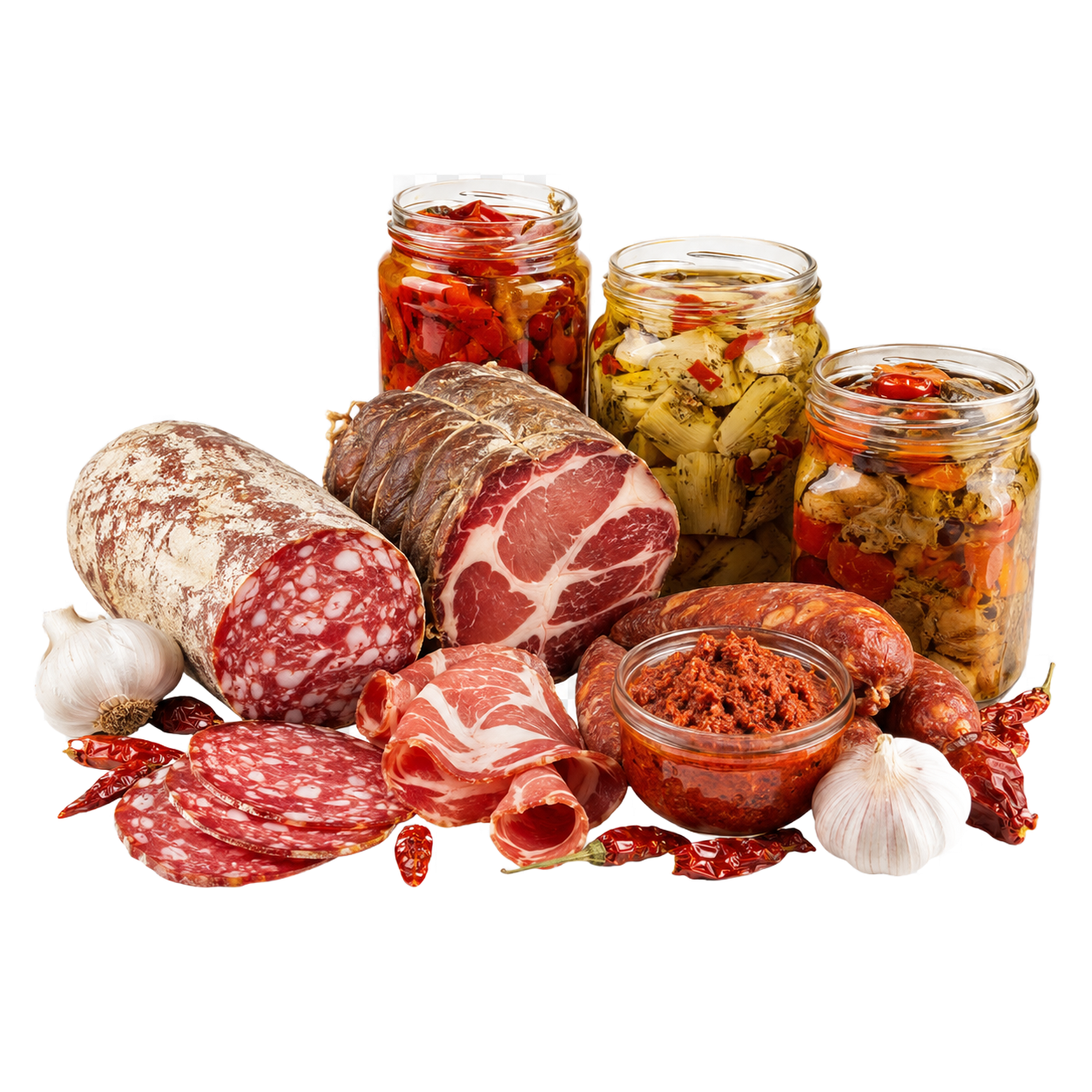 Tre bastoncini di salsiccia stagionata, uno dei quali tagliato a metà per mostrare l'interno marmorizzato.
