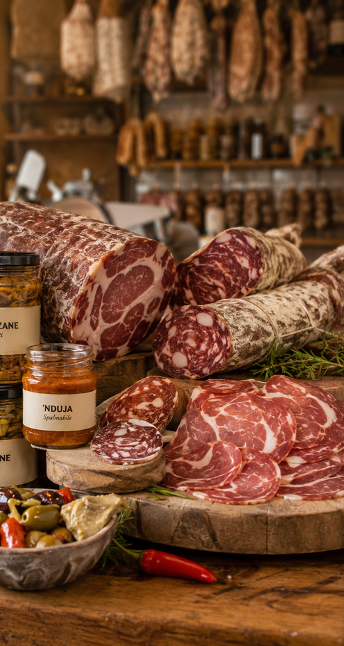 Un assortimento rustico di salumi, vasetti di condimenti e olive su un tavolo di legno.