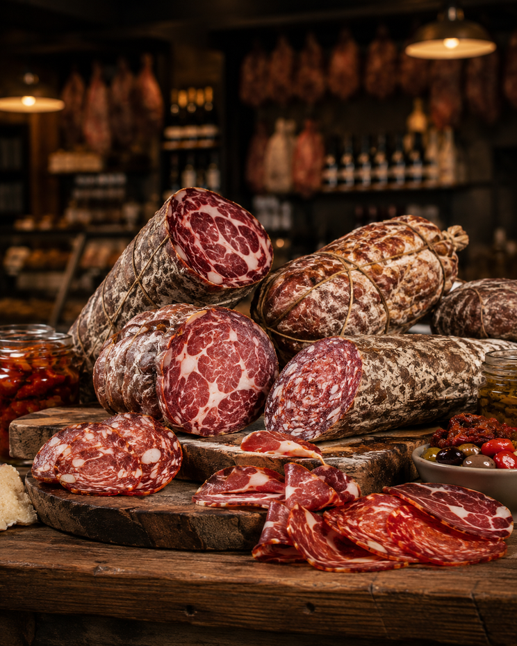 Scaffali e tavoli pieni di barattoli, formaggi, prodotti da forno e conserve in una rustica gastronomia.