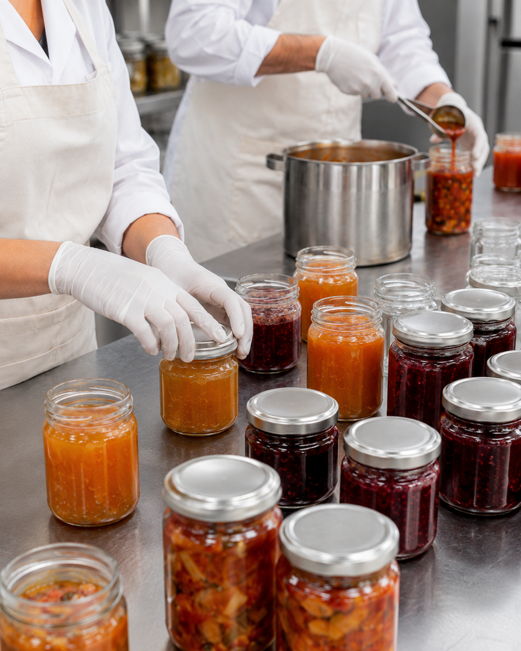 Operai con i guanti riempiono e sigillano barattoli di marmellata d'arancia e di marmellata scura in una cucina commerciale.