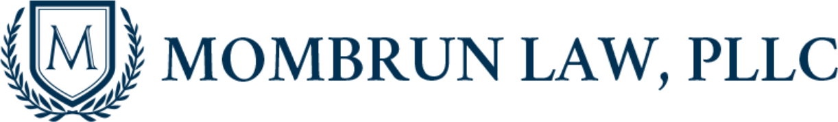 Mombrun Law, PLLC logo with blue shield emblem and text on white background