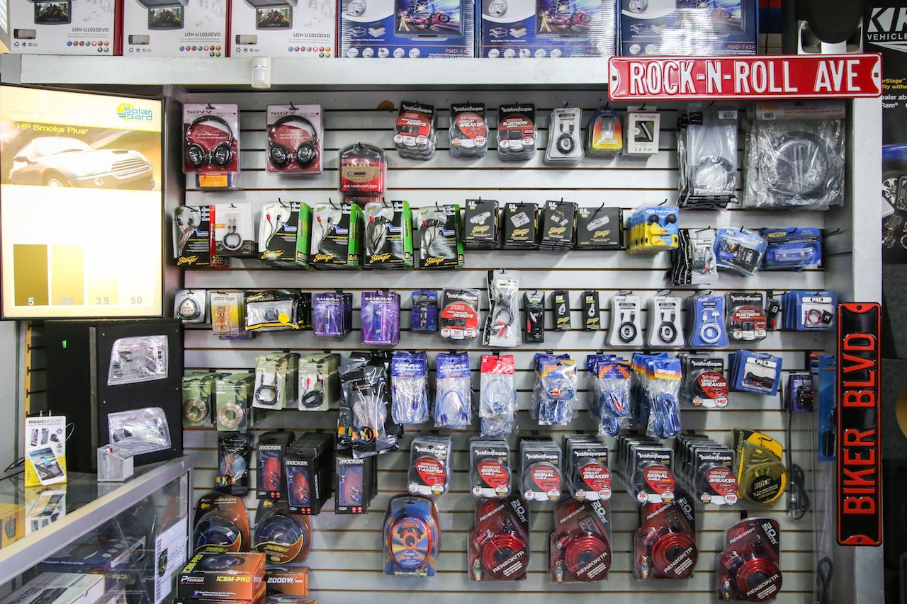 Display of packaged car accessories in a retail store, with 