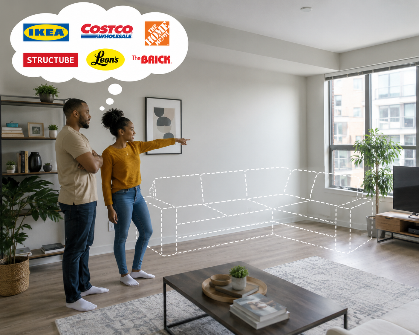 Two people in a living room choose modular furniture, with brand logos above a sofa outline.