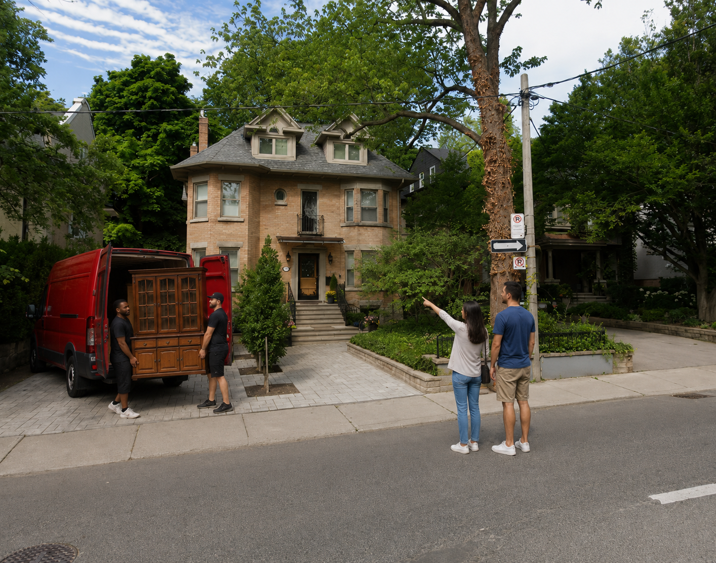 Two people point at a brick house while others unload a red van on a tree-lined street.