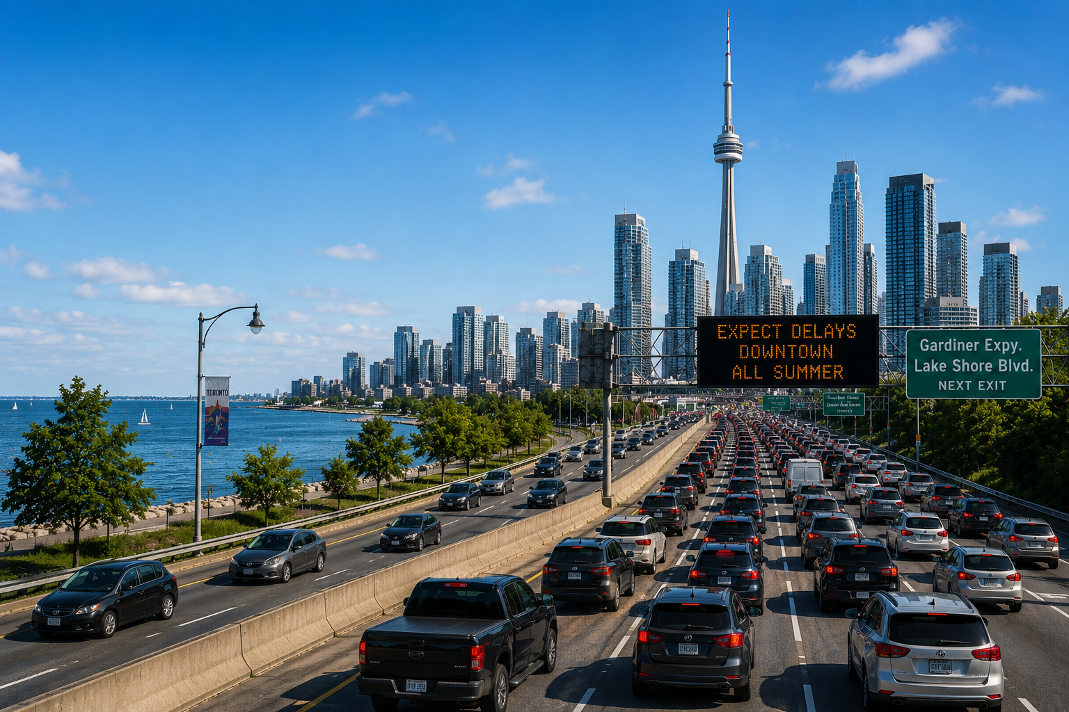 Toronto skyline and CN Tower beyond heavy traffic on a lakeside highway under a blue sky