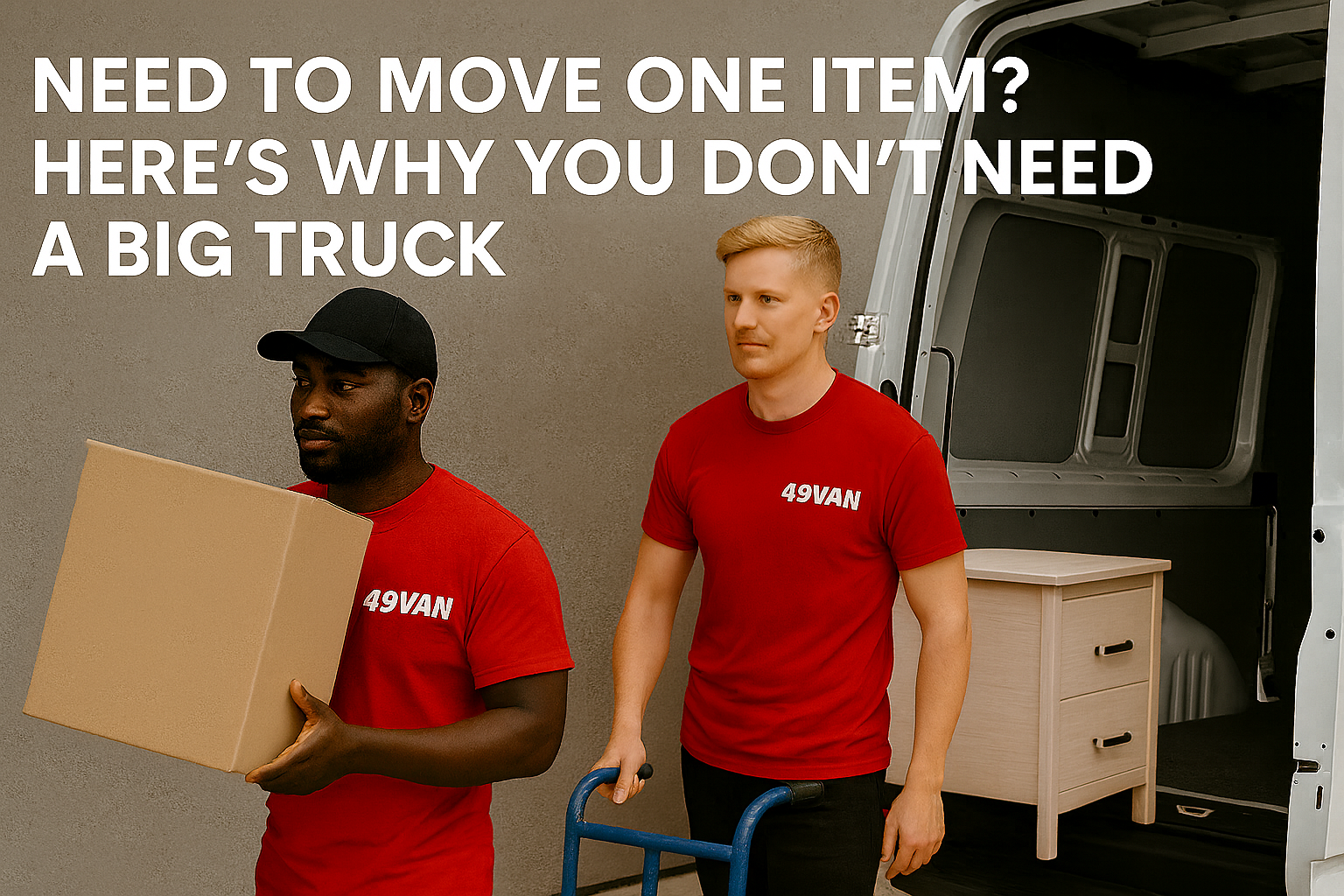 Two 49Van movers unload a van, one carrying a box, the other pulling a dolly with a dresser.