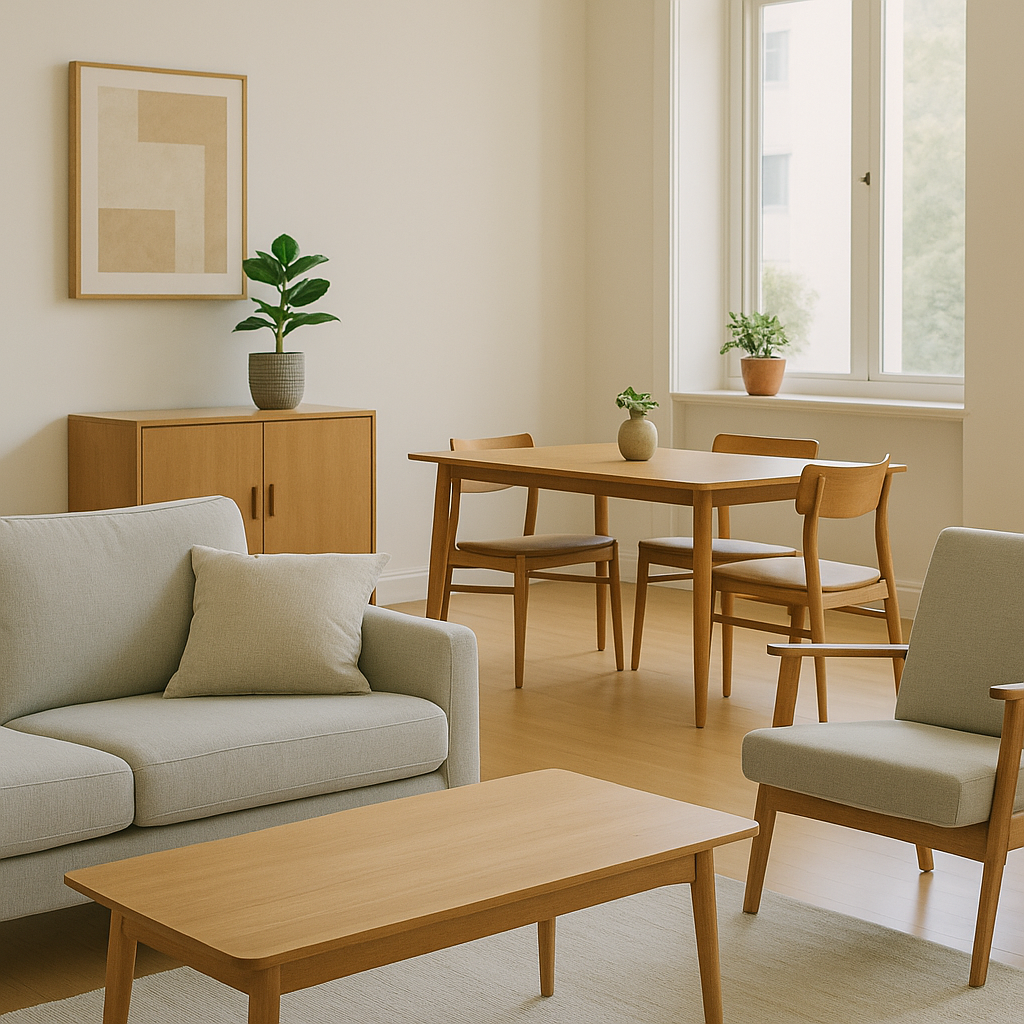 Delivery professionals carefully move a sofa into a modern condo