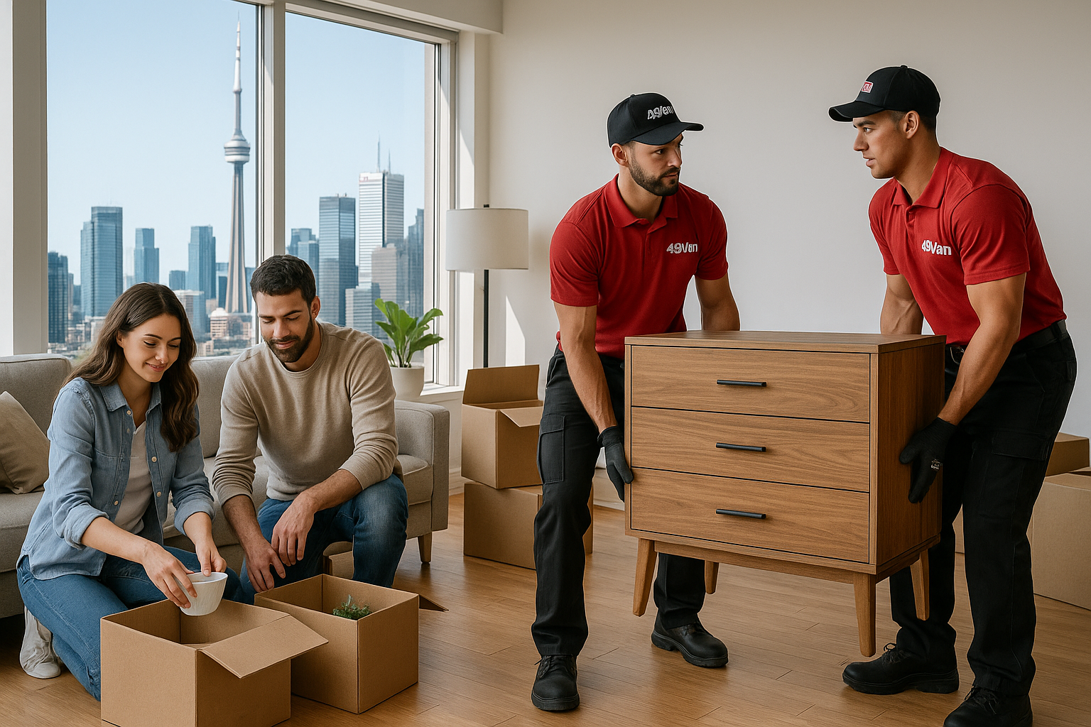 49Van movers lifting a couch for a same-day move in downtown Toronto near Queen Street and Bay St