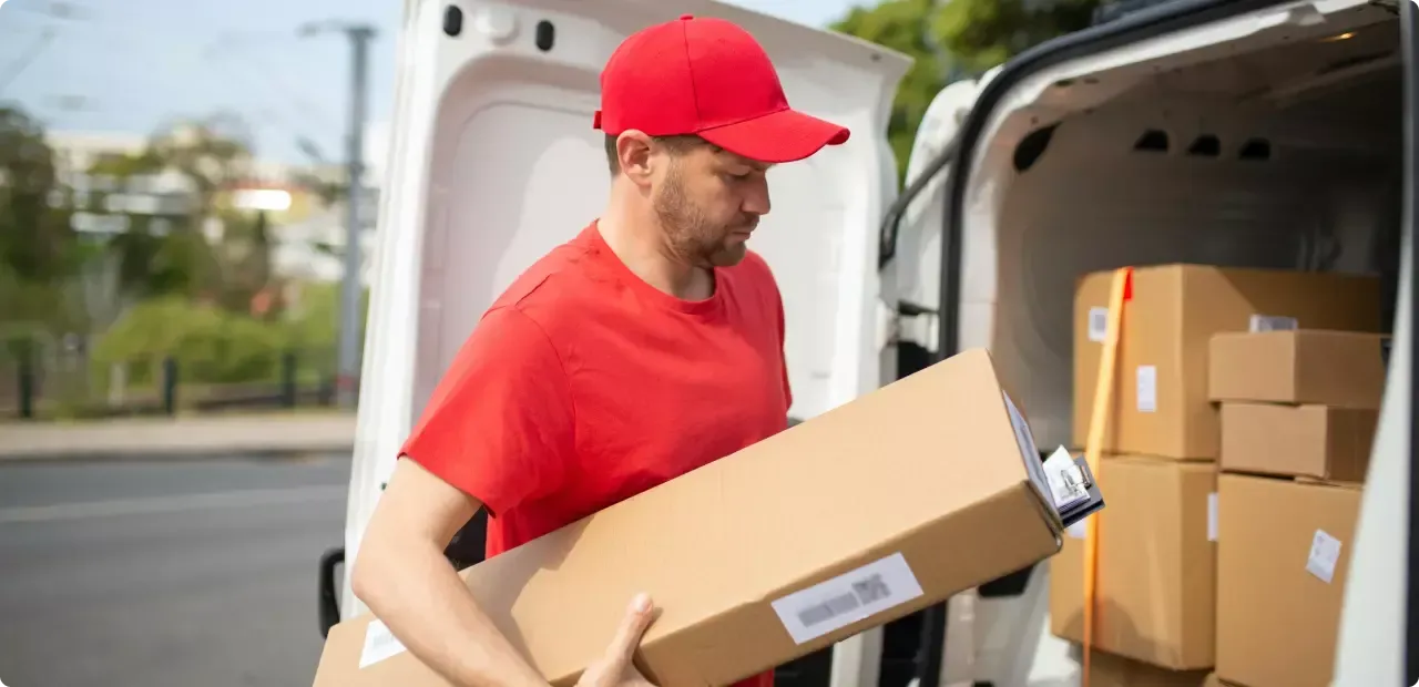 A delivery man is loading boxes into a van.