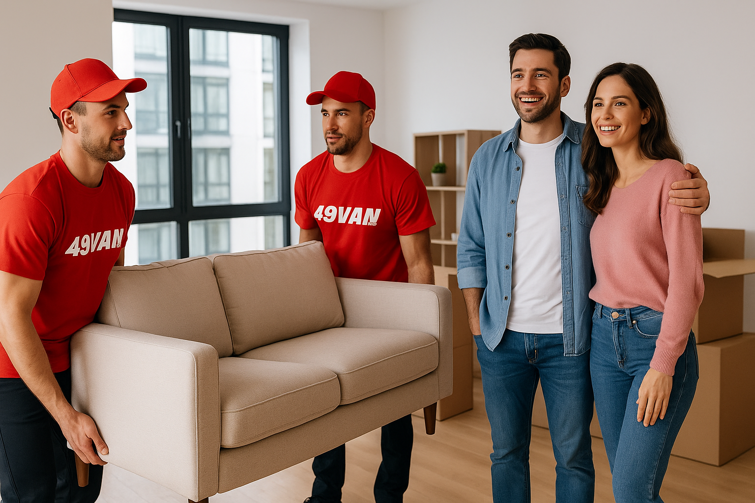 Two 49Van movers carry a beige couch inside a modern apartment as a smiling couple looks on, surrou