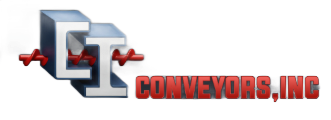 Logo for Conveyors, Inc. with metallic blue letters and red conveyor graphics on a white background